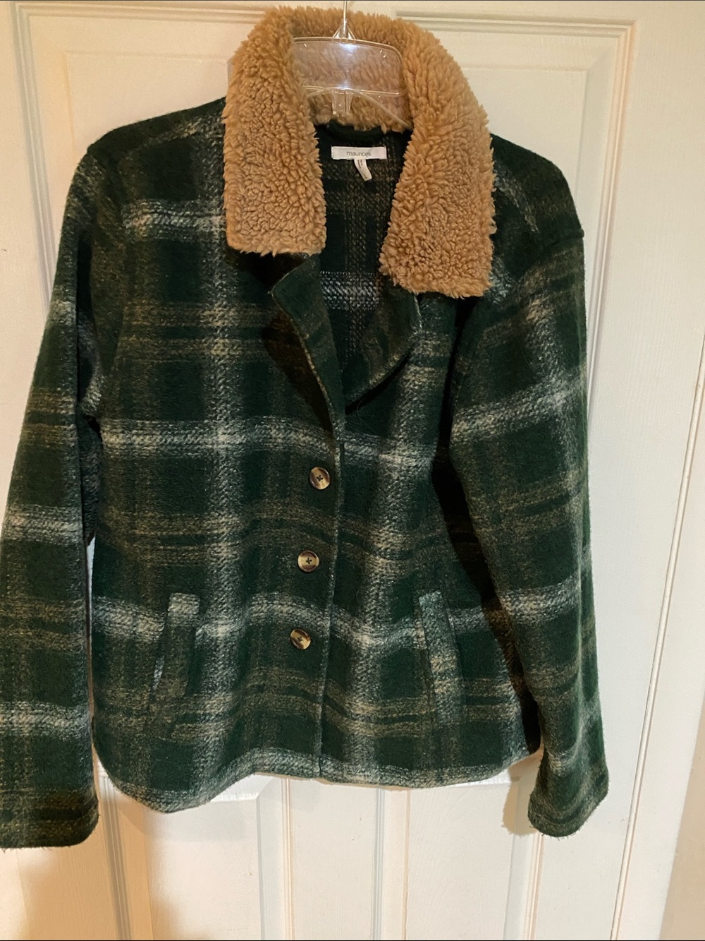 Maurices Green Plaid Pea Coat with Tan Sherpa Collar